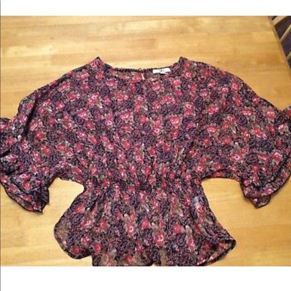 YA LOS ANGELES Black Red Floral Sheer Ruffle TOP M - Picture 7 of 11